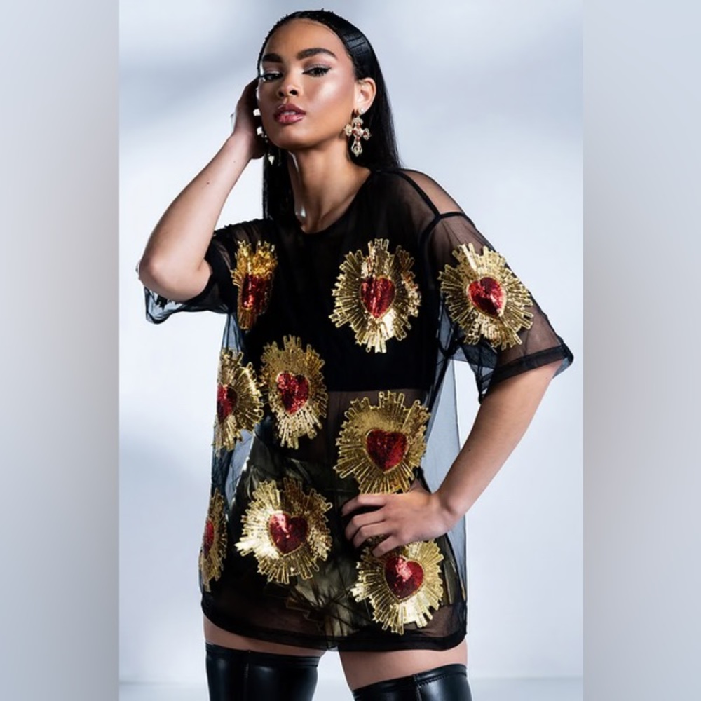 AKIRA Queen of Hearts Mesh T-Shirt • Oversized Sheer Top • XL